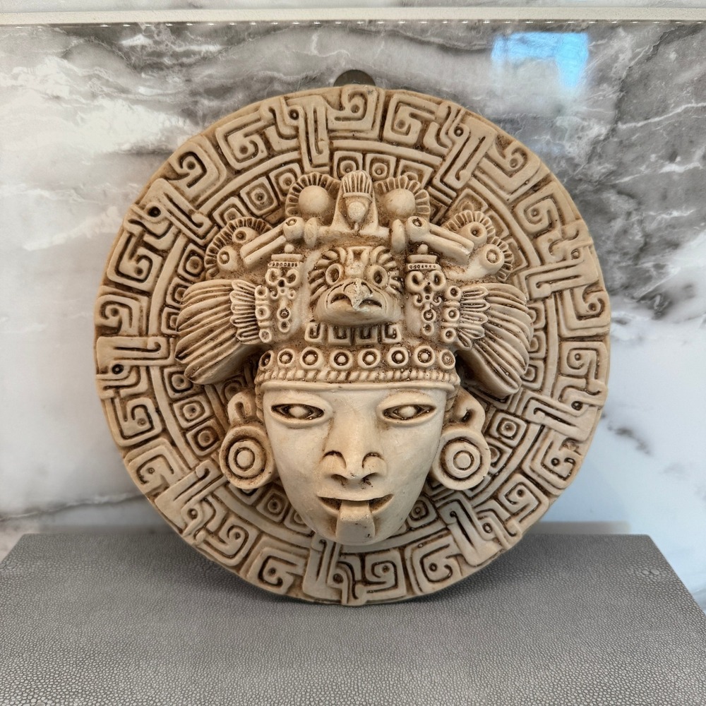 Vintage Mayan Aztec Idol Funeral Mask Wall Plaque Relief Sculpture Replica 8.5"
